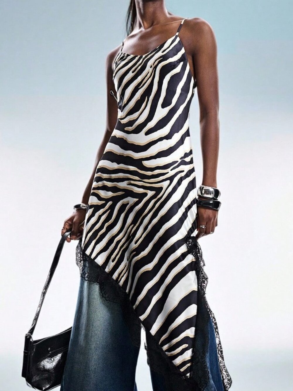 Multicolor Casual Women's Tie-Dye Zebra Print Satin Slip Dress - Picture 7 of 7